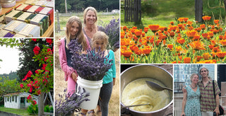 collection of images showing soap bars, flowers, family pictures