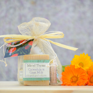 The Calendula Gift Set includes Island Thyme Calendula & Goat Milk Soap in a gift bag, displayed with calendula flowers against a purple and gray backdrop.