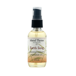 A 2 fl. oz. clear bottle of Earth Song Aromatherapy Massage Oil with a black pump top and light yellow liquid, featuring sweet almond oil for natural moisturizing and soothing massage.