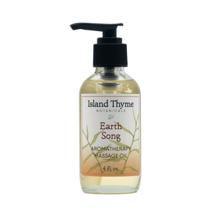The Earth Song Aromatherapy Massage Oil comes in a clear pump bottle with an illustrated plant design and earth tones, offering a soothing, natural moisturizing experience thanks to its infusion of sweet almond oil.